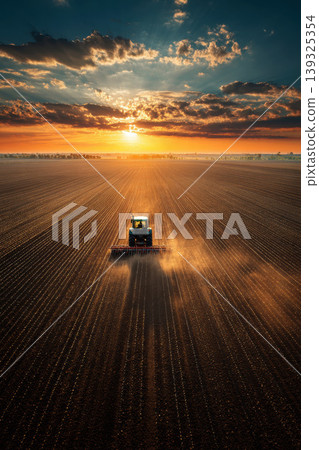 agricultural cabbage field and farmers with tractor working at sunset helps to grow plants in the dry season. Beautiful sunny landscape rural scene agricultural cabbage field and farmers with tractor working at sunset helps to grow plants in the dry season. Beautiful sunny landscape rural scene 139325354