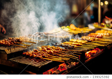 Grilling satay skewers over charcoal with flames at an outdoor cooking station. Grilling satay skewers over charcoal with flames at an outdoor cooking station. 139325392