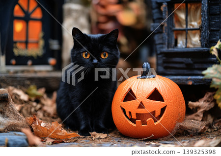 A black cat wearing a witch hat sits on an orange pumpkin, holding a magic wand.. Concept: Playful Halloween Cat A black cat wearing a witch hat sits on an orange pumpkin, holding a magic wand.. Concept: Playful Halloween Cat 139325398