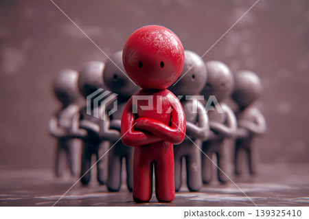 A red man stands out in a grey crowd . A red man stands out in a grey crowd . 139325410