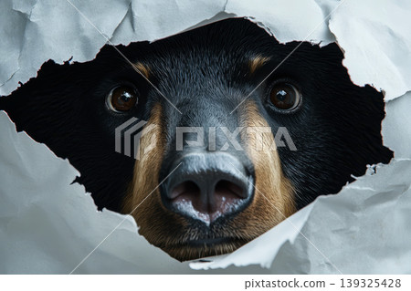curious wild black bear coming through crack hole in solid color background with copy space curious wild black bear coming through crack hole in solid color background with copy space 139325428