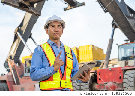 Asian Logistics Manager Holding Tablet and Pointing at Thailand Container Port Infrastructure Asian Logistics Manager Holding Tablet and Pointing at Thailand Container Port Infrastructure 139325500