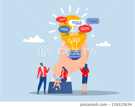 Effective communication, meeting discussion or conversation solution, speak or telling intelligence information, team opinion new idea concept, business people discuss with lightbulb speech bubble. Effective communication, meeting discussion or conversation solution, speak or telling intelligence information, team opinion new idea concept, business people discuss with lightbulb speech bubble. 139325634