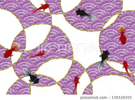 【日式背景裝飾，波浪圖案和金魚】手工刺繡插畫材料 139326505