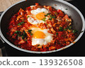 Shakshuka with Eggs in Tomato Sauce in Frying Pan, Top View 139326508