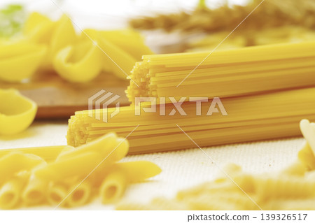 Food photos showing various types of dried pasta. 139326517