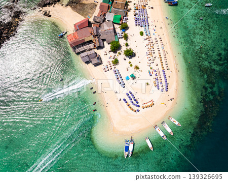 Aerial view drone shot of Amazing small island beautiful tropical sandy beach landscape view at koh Khai maew Island in Phang Nga Thailand Aerial view drone shot of Amazing small island beautiful tropical sandy beach landscape view at koh Khai maew Island in Phang Nga Thailand 139326695