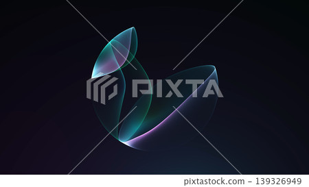 Teal and purple translucent glass petals on dark background, abstract futuristic light composition with elegant floating curved shapes. Teal and purple translucent glass petals on dark background, abstract futuristic light composition with elegant floating curved shapes. 139326949