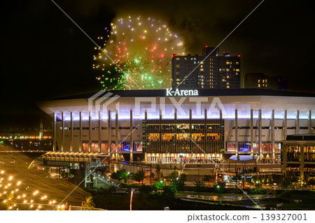 Yokohama Port Opening Anniversary Fireworks rising behind Yokohama K Arena Yokohama Port Opening Anniversary Fireworks rising behind Yokohama K Arena 139327001