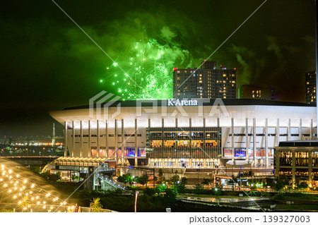 Yokohama Port Opening Anniversary Fireworks rising behind Yokohama K Arena Yokohama Port Opening Anniversary Fireworks rising behind Yokohama K Arena 139327003