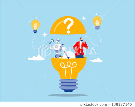 robot with Businesspeople open lightbulb discover new innovative idea cognitive learning Artificial Intelligence brain, automation development AI technology for creative thinking idea vector. 139327140