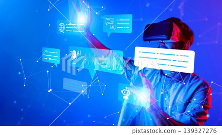 Engaged Man in Virtual Reality with AI Elements Showcasing Innovative Technology in a Digital Space Gluon Engaged Man in Virtual Reality with AI Elements Showcasing Innovative Technology in a Digital Space Gluon 139327276