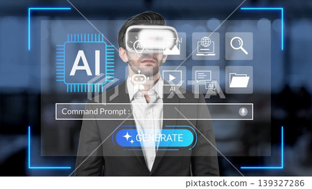 Futuristic man using augmented reality interface with AI features and options for generating content in a modern business environment Gluon Futuristic man using augmented reality interface with AI features and options for generating content in a modern business environment Gluon 139327286