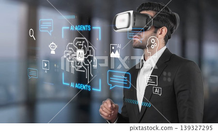 Business professional using virtual reality technology to explore artificial intelligence concepts and applications in a modern office environment Gluon 139327295