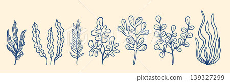Seaweed hand drawn blue ink set Seaweed hand drawn blue ink set 139327299
