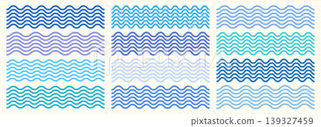 Blue ocean wavy lines borders vector set, Wiggly parallel sea water waves for summer beach designs Blue ocean wavy lines borders vector set, Wiggly parallel sea water waves for summer beach designs 139327459