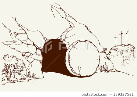 Vector drawing. Old stone cave door 139327581