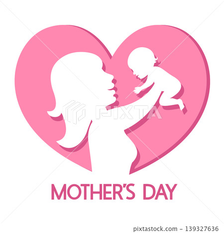 Mothers Day. Silhouette of a woman holding a child in front of a heart on a white. Mothers Day. Silhouette of a woman holding a child in front of a heart on a white. 139327636