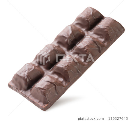 Chocolate covered wafer bar levitates close-up on a white background. Isolated Chocolate covered wafer bar levitates close-up on a white background. Isolated 139327643