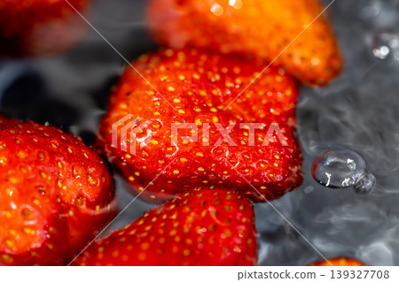 Fresh Miaoli Dahu strawberries are washed in clear water. 139327708
