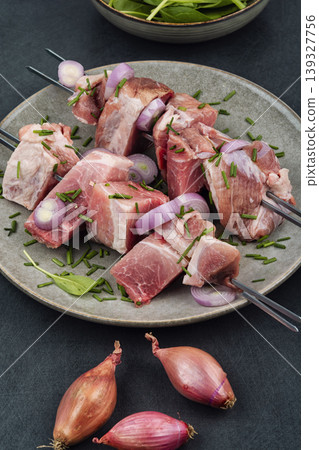 Pork BBQ Skewers with Onion and Chives Ready to Cook 139327756