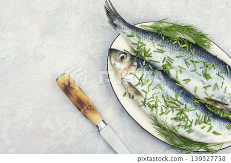 Salted Herring with Fresh Dill and Chives on Plate Salted Herring with Fresh Dill and Chives on Plate 139327758
