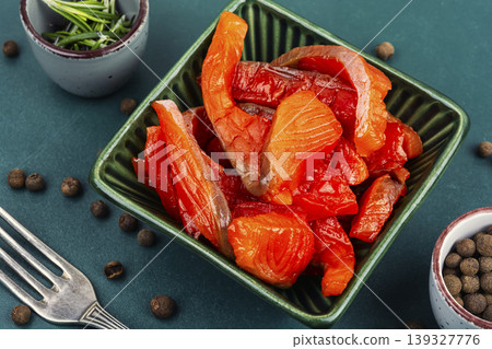 Salted trout or salmon pieces food concept Salted trout or salmon pieces food concept 139327776