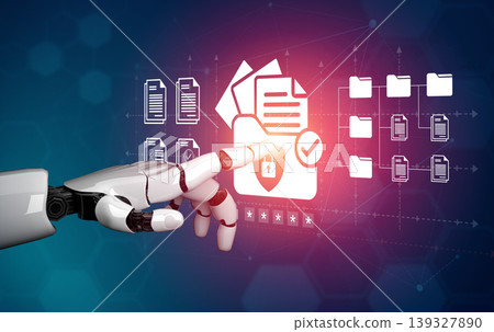 Futuristic robotic hand interacting with digital protection symbol for data security, showcasing advanced technology in cybersecurity and artificial intelligence. Ledger 139327890
