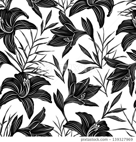 Black and white vector seamless pattern with lilies Black and white vector seamless pattern with lilies 139327969