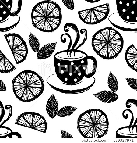 Black and white vector seamless pattern with tea cups, mint leaves and lemon slices Black and white vector seamless pattern with tea cups, mint leaves and lemon slices 139327971