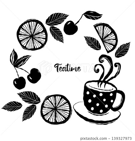 Black and white vector card with tea cup, mint leaves, lemon slices and cherries Black and white vector card with tea cup, mint leaves, lemon slices and cherries 139327973