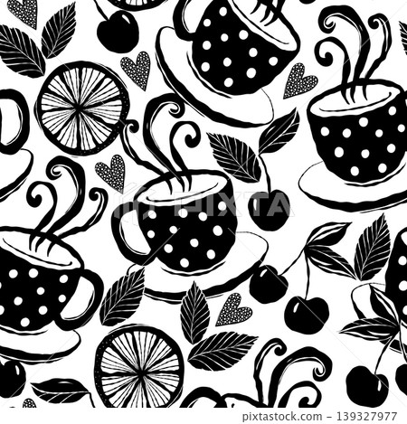 Black and white vector seamless pattern with tea cups, mint leaves, lemon slices and cherries Black and white vector seamless pattern with tea cups, mint leaves, lemon slices and cherries 139327977