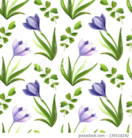 Vibrant purple crocuses, seamless watercolor pattern isolated. Fresh blue mountain flowers, hand drawn. Delicate pastel-colored plants for packaging, cosmetic fabric, and cards. Vibrant purple crocuses, seamless watercolor pattern isolated. Fresh blue mountain flowers, hand drawn. Delicate pastel-colored plants for packaging, cosmetic fabric, and cards. 139328292