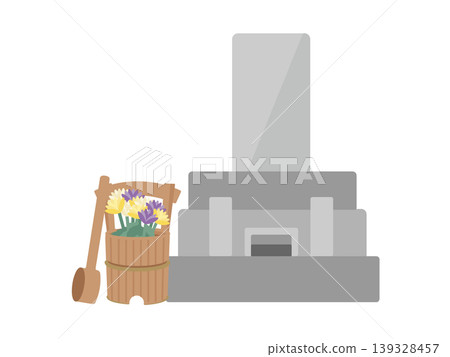 Grave, bucket, ladle, Buddhist flowers, illustration Grave, bucket, ladle, Buddhist flowers, illustration 139328457