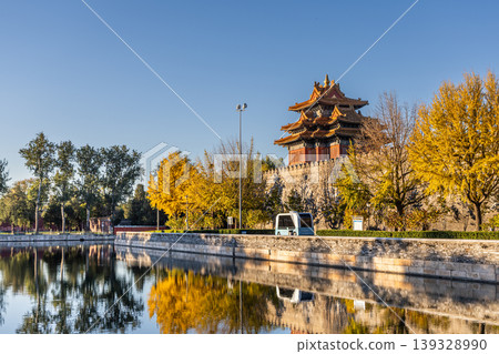 Sunrise view of Forbidden City watch tower next to surrounding scenic moat to ensure security of the palace. Sunrise view of Forbidden City watch tower next to surrounding scenic moat to ensure security of the palace. 139328990