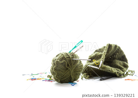 flat lay knitting tools with yarn and craft equipment flat lay knitting tools with yarn and craft equipment 139329221
