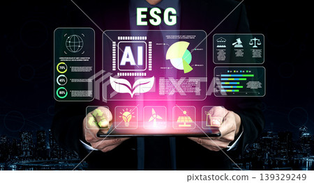 Businessman Presenting ESG Innovation Concept with Digital Technology and Interactive Data Representations for Sustainable Development Goals Quark Businessman Presenting ESG Innovation Concept with Digital Technology and Interactive Data Representations for Sustainable Development Goals Quark 139329249