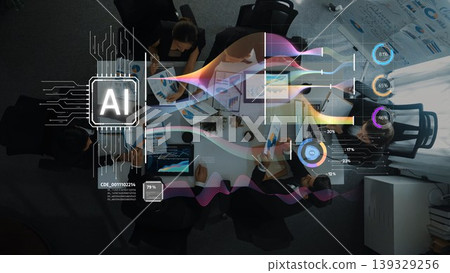 Futuristic AI Technology Concept in Business Meeting with Data Visualization and Collaboration Overhead View of Professionals Analyzing Innovations. Raster Futuristic AI Technology Concept in Business Meeting with Data Visualization and Collaboration Overhead View of Professionals Analyzing Innovations. Raster 139329256