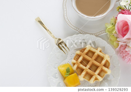 Mango, waffles, and milk tea Mango, waffles, and milk tea 139329293