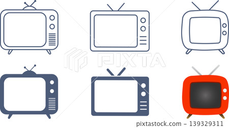A set of illustrations of a retro CRT television with an antenna. 139329311
