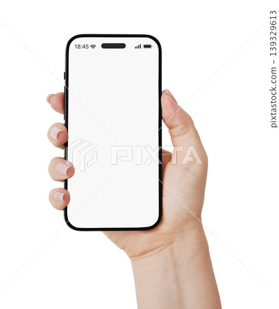 Female hand holding smartphone with blank white screen 139329613