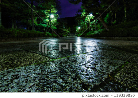 京都的夜晚。雨水打在鵝卵石街道上。 139329850