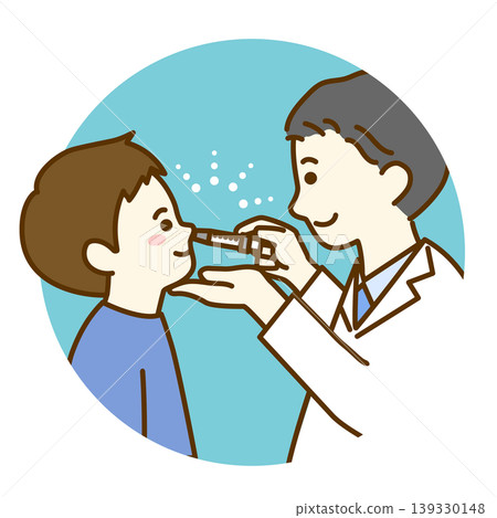 A boy receiving a nasal vaccine and a male doctor (blue background) A boy receiving a nasal vaccine and a male doctor (blue background) 139330148