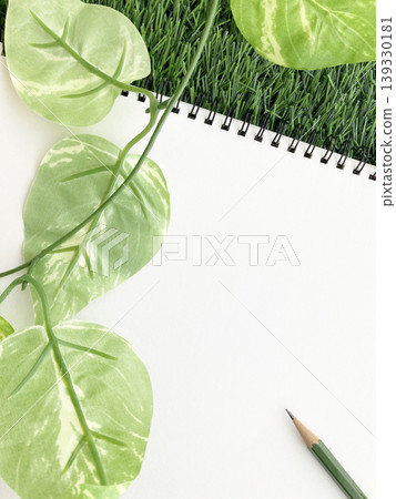 Ecology - Natural background of houseplants and sketchbook - Lush green lawn and notebook Ecology - Natural background of houseplants and sketchbook - Lush green lawn and notebook 139330181