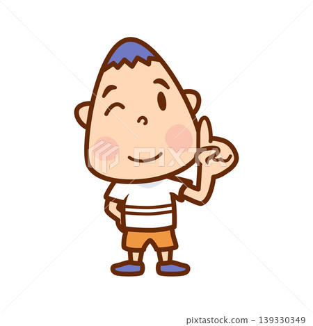 一個可愛的小男孩指著什麼東西，做了個指點的手勢。 139330349