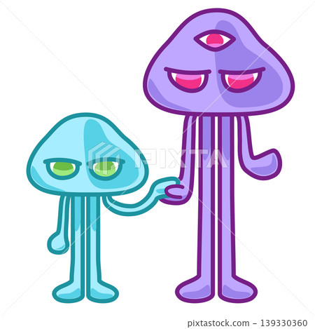 A purple alien holding hands with a light blue child alien. A purple alien holding hands with a light blue child alien. 139330360