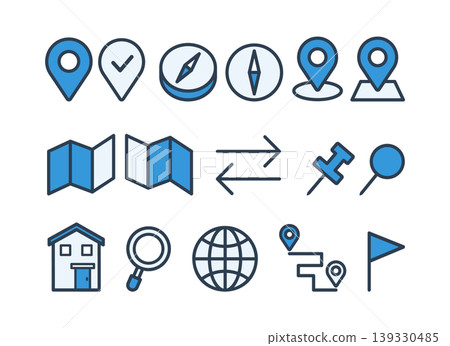 Map and navigation icon set, blue, flat design, vector. Map and navigation icon set, blue, flat design, vector. 139330485