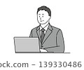 An illustration of a middle-aged man in a suit smiling while using a computer. 139330486