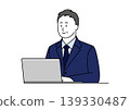An illustration of a middle-aged man in a suit smiling while using a computer. 139330487