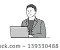 An illustration of a middle-aged man in a jacket using a computer with a smile. 139330488